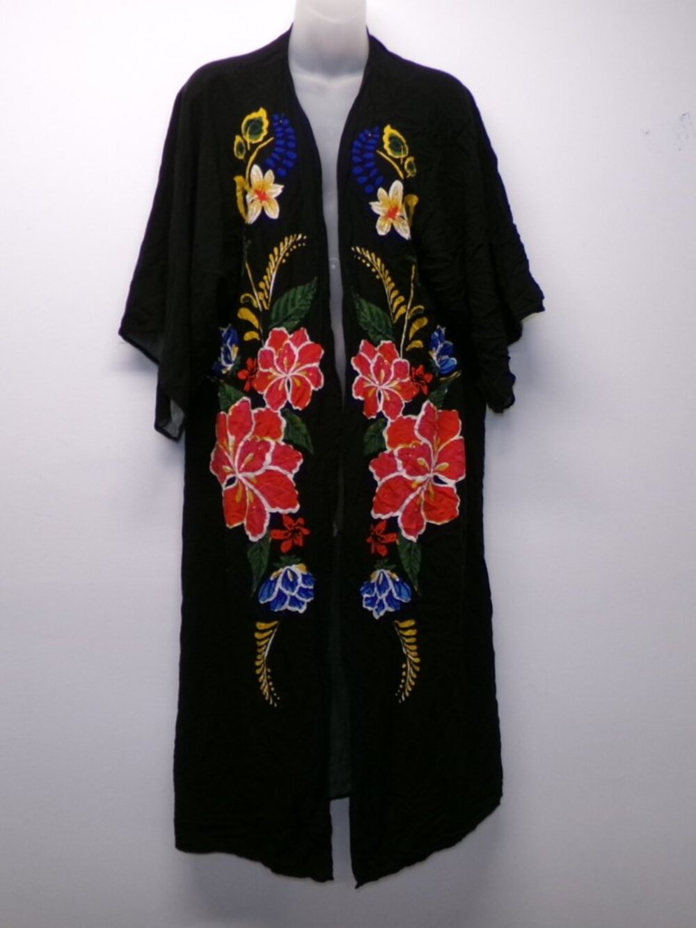 Flying Tomato Black Colorful Tropical Floral Duster Kimono sz M/L Boho Vacation